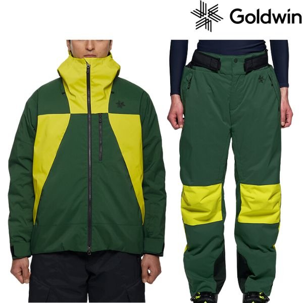 画像1: ゴールドウイン スキーウエア Mサイズ Goldwin 2-tone Color Hooded Jacket G13303 ER 2-tone Color Wide Pants G33355A DY ディープグリーン × ライムイエロー (1)