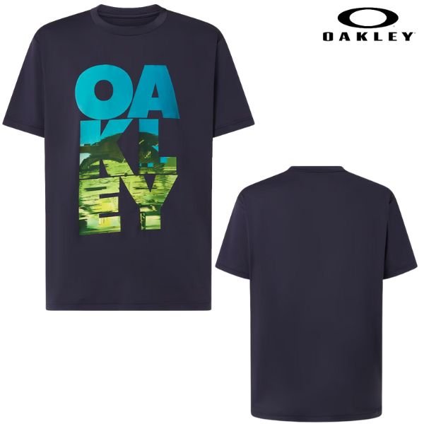 画像2: オークリー プリント Tシャツ ネイビー ブルー 吸汗速乾 接触冷感 4WAYストレッチ OAKLEY Enhance Qdevo SS Tee Icon 3.0 Foggy Blue  (2)