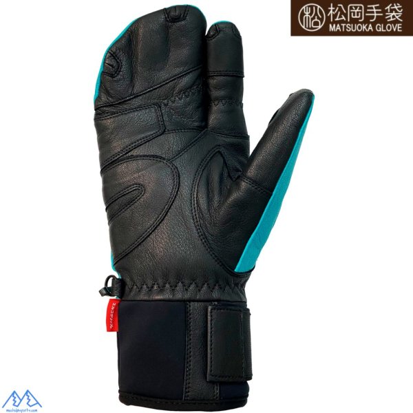 画像2: 松岡手袋 マツオカ 3本指 スキーグローブ Hドライ エルゴグリップ やぎ革 牛革 ターコイズブルー ブラック Extream Ride ERGOGRIP H DRY MATSUOKA GLOVE  (2)