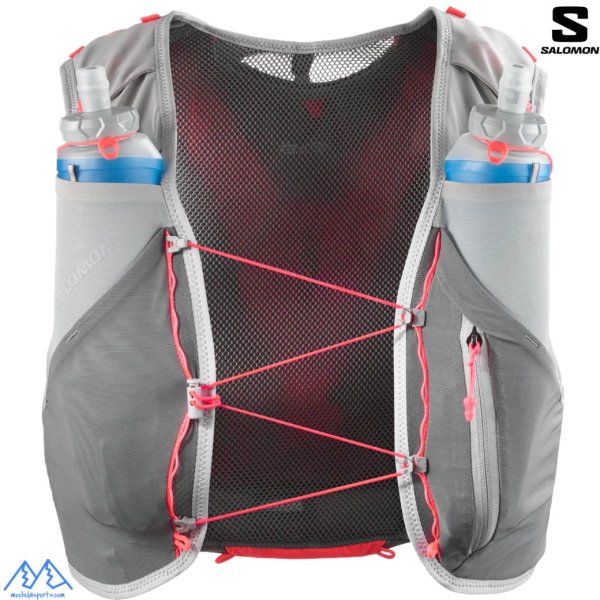 画像2: サロモン ランニングベスト フラスク付 バックパック SALOMON ADV SKIN 5 CASTELROCK / ALLOY / NEON FLAME グレー ネオン アドバンスドスキン5 ランニングバッグ トレラン (2)