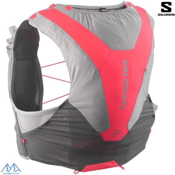 画像1: サロモン ランニングベスト フラスク付 バックパック SALOMON ADV SKIN 5 CASTELROCK / ALLOY / NEON FLAME グレー ネオン アドバンスドスキン5 ランニングバッグ トレラン (1)