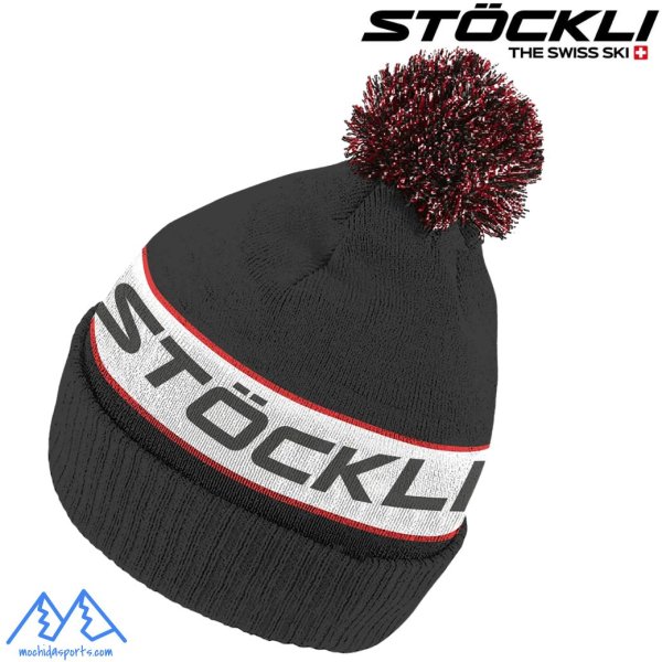 画像1: ストックリ ニットキャップ ボンボンニット帽 ブラックレッド STOCKLI Beanie (1)